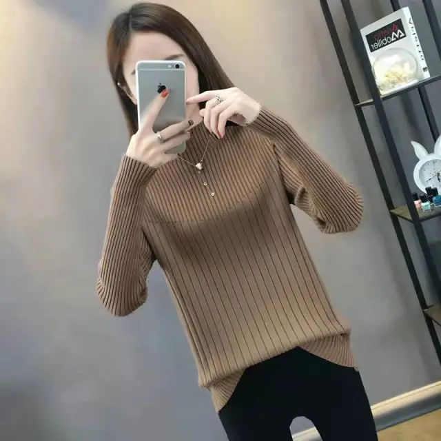 Half Turtleneck Slim Slimming Knitted Sweater Khaki - Shop at LoveMi