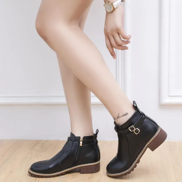Womens Low heeled Leather Buckle Ankle Boots Black - Shop at LoveMi