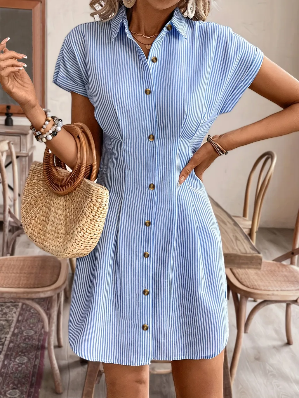 Blue Stripes Cardigan Short Sleeve Dress - Blue