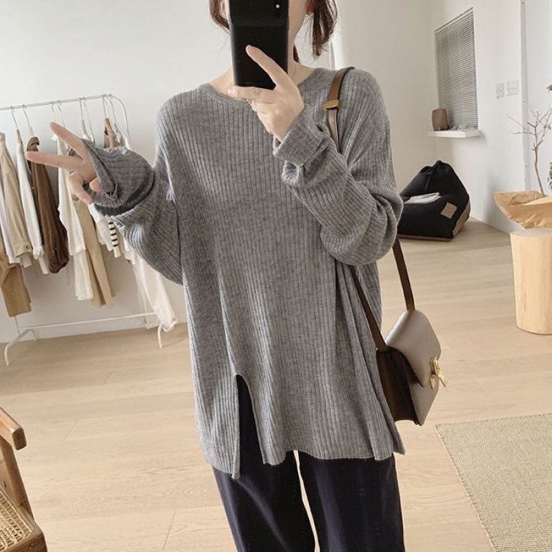 Split Pullover Long Sleeve Cashmere Sweater Gray - Shop at LoveMi