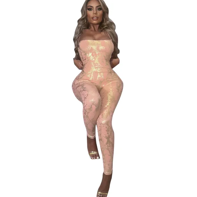Sleeveless Backless Sexy Style Strap Metallic Gloss Jumpsuit Pink - Shop at LoveMi