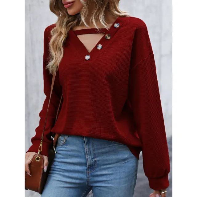 European And American Long Sleeve Hollow Out V neck Knitted Top Qx23766 Wine Red - Shop at LoveMi