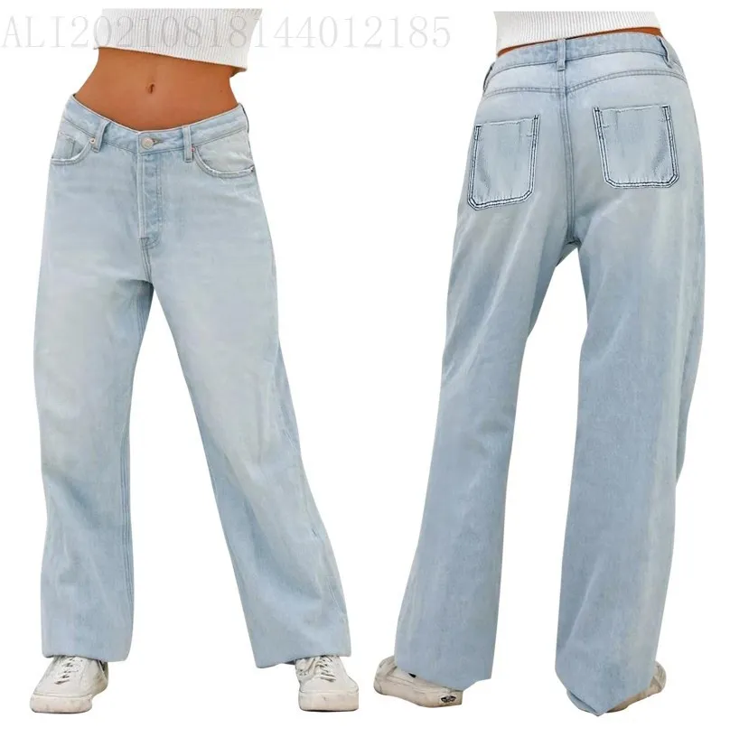 European And American Style Jeans High Waist Loose Wide Legs Type - Light Blue