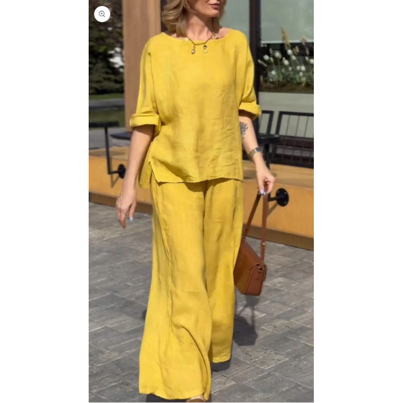 طقم كلاسيكي قطني وكتاني بنطال فضفاض لراحة يومية