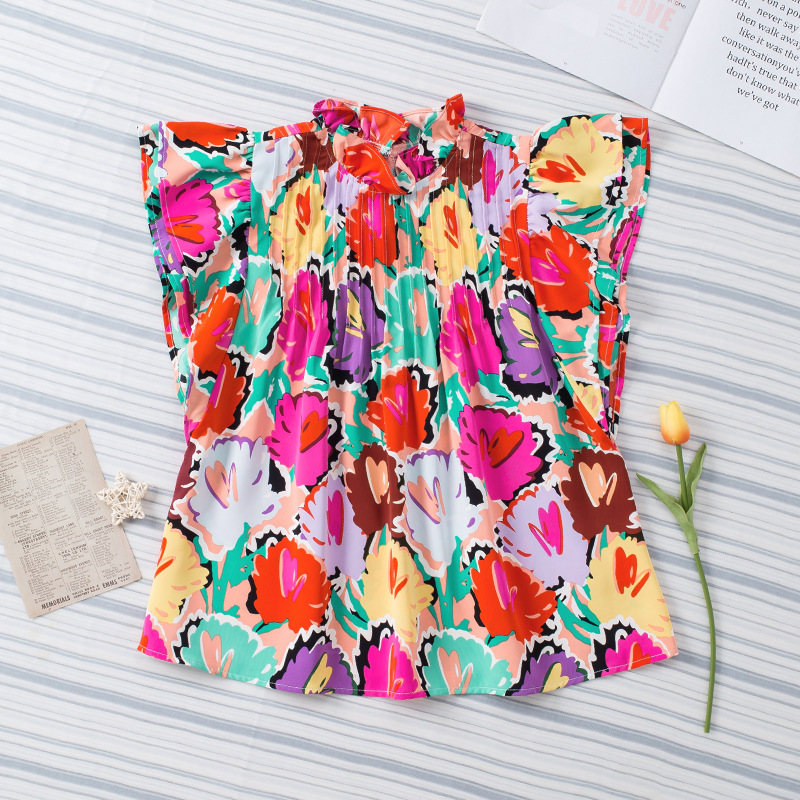 Women's Fashion Printed Chiffon Shirt Ruffle Sleeve Color S - Shop at LoveMi