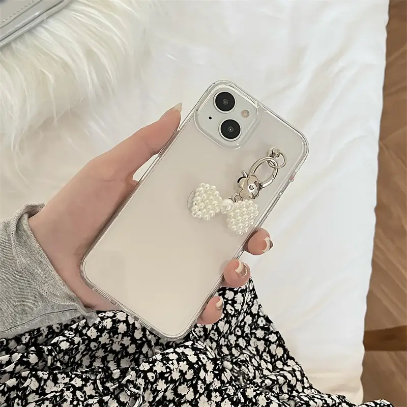 Ins Transparent Pearl Bow Pendant Phone Case