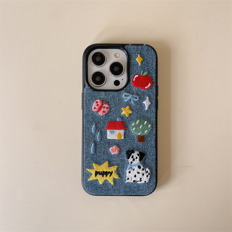 Embroidered Denim Dalmatian Dog Design Suitable For 16 Pro Max