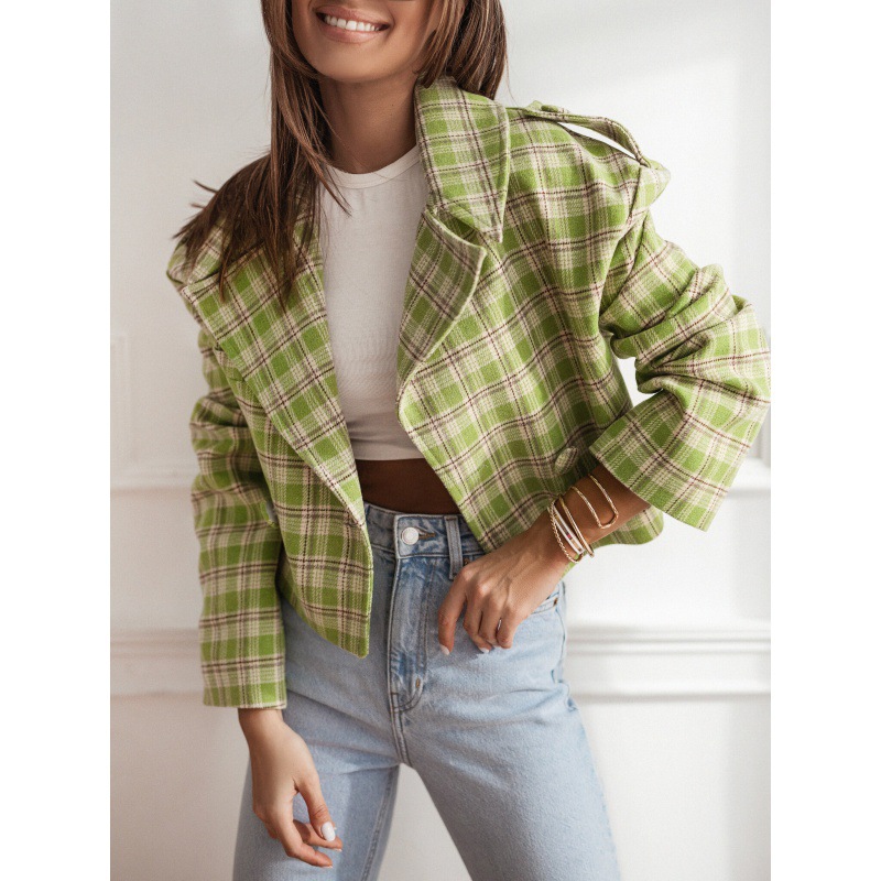 Fashion Tailored Collar Plaid Printed Woolen Coat Green Plaid - Shop at LoveMi