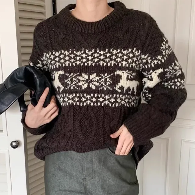 Jacquard Pullover Women's Loose Sweater Brown - Shop at LoveMi