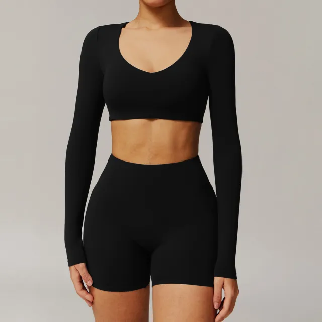 Tight Quick drying Yoga Long sleeved Women's V neck Short Top Fitness T shirt Black - Shop at LoveMi