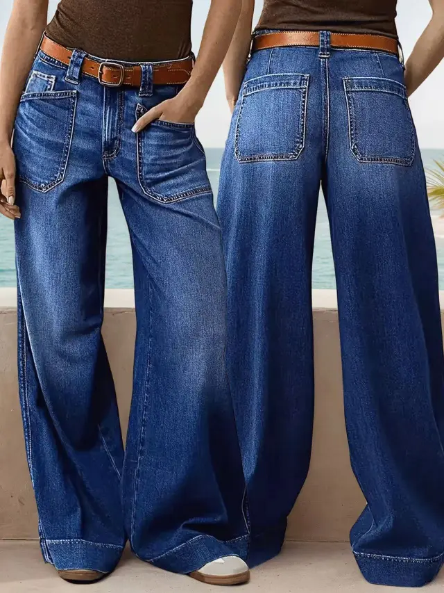 Loose Slimming Ladies Wide leg Straight Pants Denim Ankle length Pants Dark Blue - Shop at LoveMi