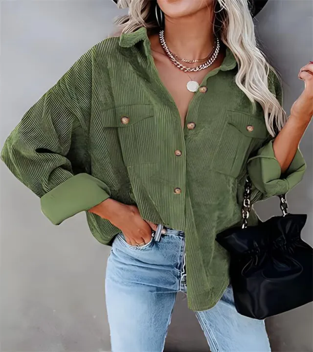 Autumn And Winter New Solid Color Button Corduroy Long Sleeve Loose Coat Women's Clothing Green - Shop at LoveMi