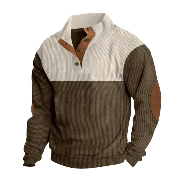 Men's Casual Button Half open Stand Collar Coat Fashion Colorblock Sweater Brown - Shop at LoveMi