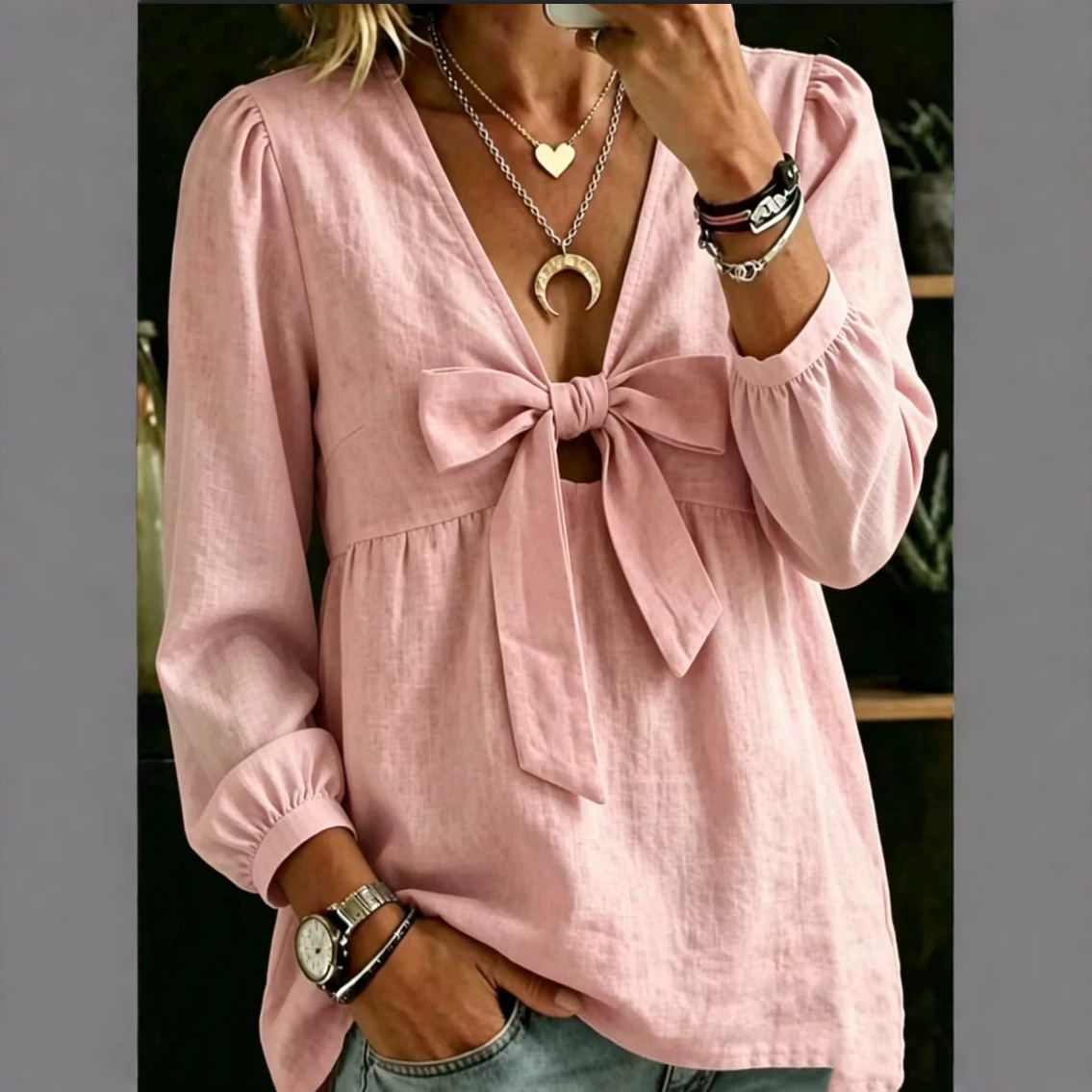 Autumn V-neck Bow Cotton Linen Shirt