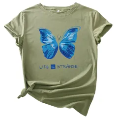 Printed Cotton Short Sleeve T-shirt Top - Army Green - View 1