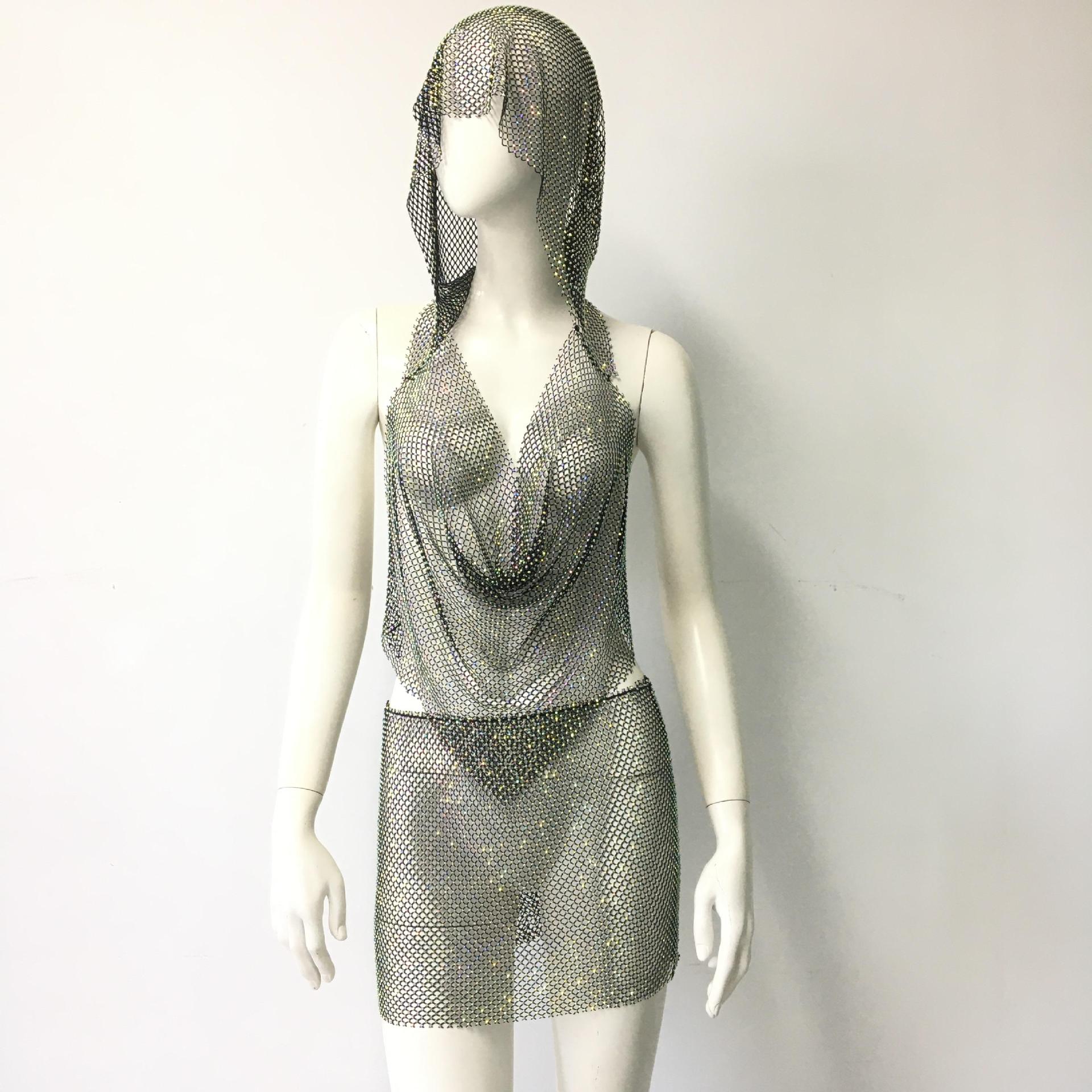 Sexy Stretch Fishnet Rhinestone Tight Group Suit