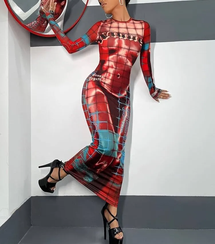Fashion Women's Printed Wear Long Sleeve Narrow Dress - Collarless 5-L