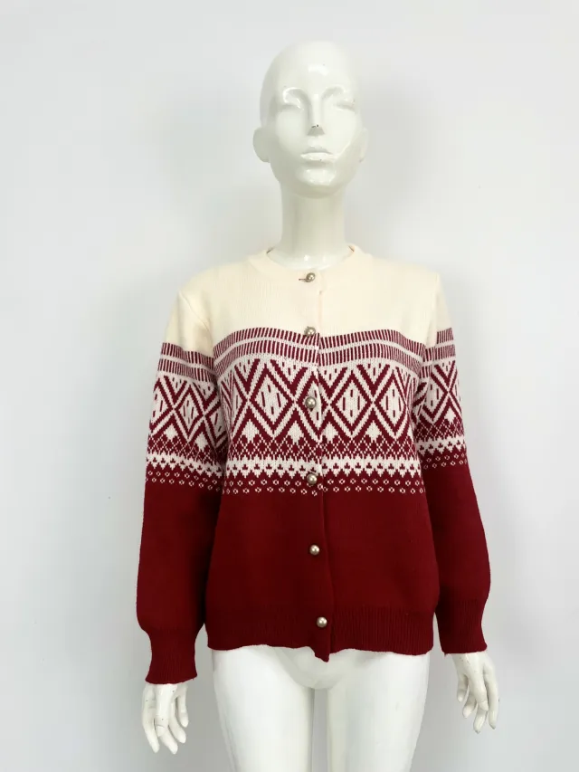 Women's Long sleeved Contrast Color Diamond Knitted Sweater Red - Shop at LoveMi