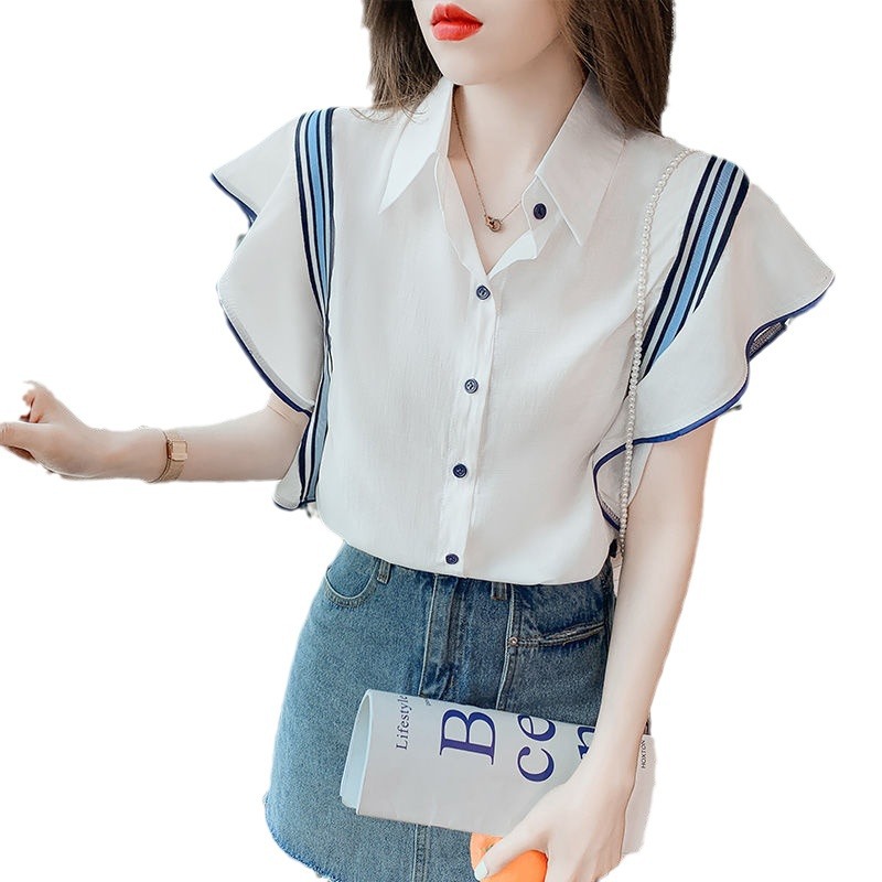 Short Sleeve Doll Collar Chiffon Shirt For Women