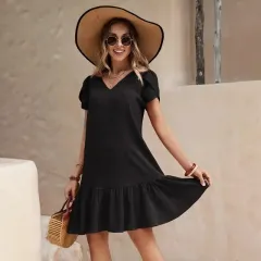 V-neck Solid Color Loose Casual Short Sleeve Dress - Black - View 1
