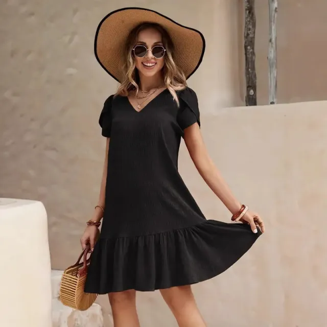 V neck Solid Color Loose Casual Short Sleeve Dress Black - Shop at LoveMi