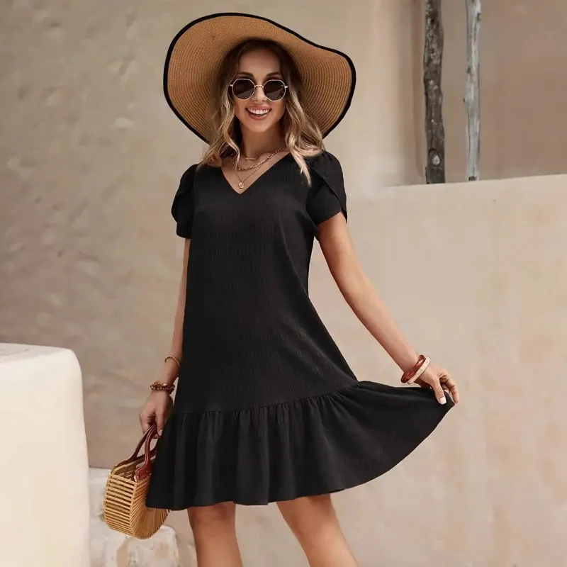 V-neck Solid Color Loose Casual Short Sleeve Dress - Black