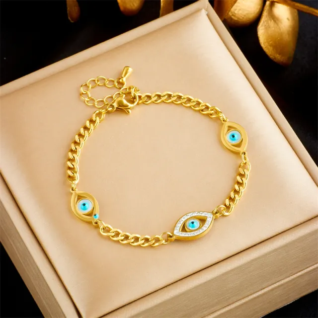 Glossy Diamond Blue Eyes Accessory Chain Titanium Steel Gold plated Bracelet B1087 - Shop at LoveMi