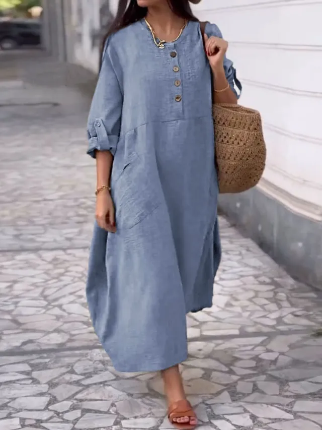 Women's Solid Color Round Neck Cotton And Linen Long Sleeve Casual Double Side Pocket Button Length Dress Blue - Shop at LoveMi