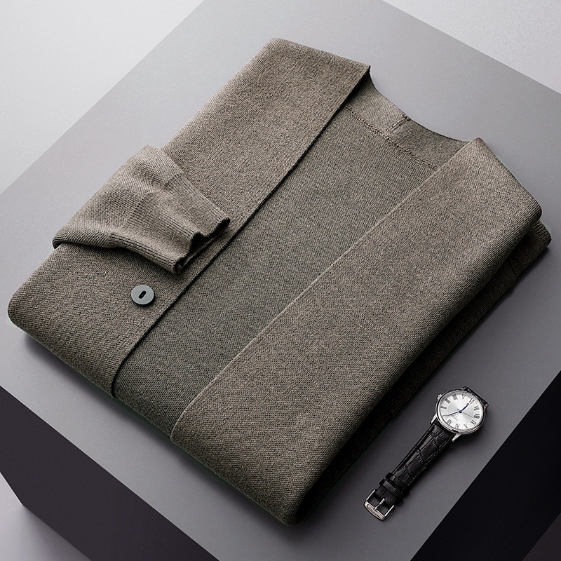 Wool Cardigan Male V-neck Knitted Color Matching Sweater Business Casual Loose Long Sleeve Cashmere Coat