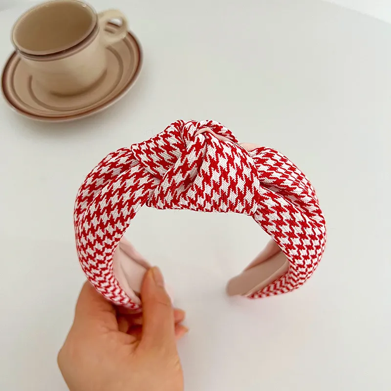 Christmas Red Series Wide Brim Hair Pressing Knot In The Middle Headband - Red Houndstooth