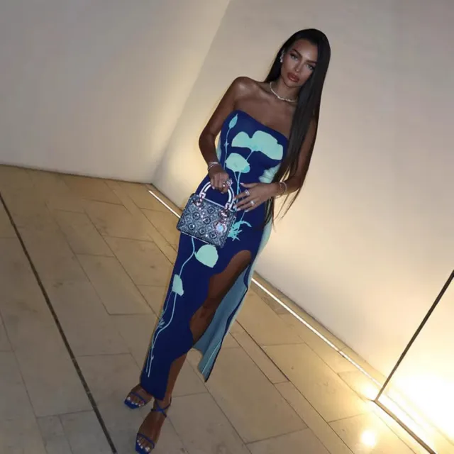 Women's Fashionable Printed Bodycon Slit Slip Dress Blue - Shop at LoveMi
