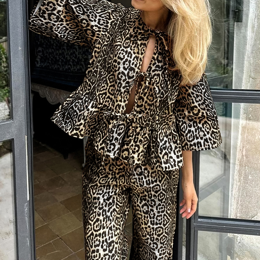 Women's Street Retro Leopard Print Half Sleeve Cardigan Trousers Two piece Set Leopard Print - Shop at LoveMi