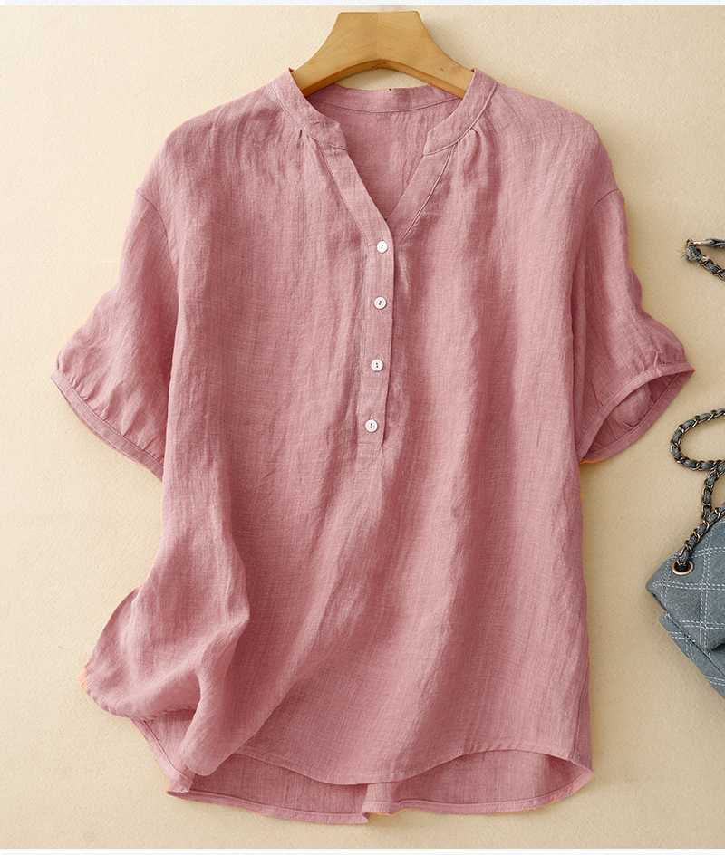 Artistic Retro Cotton-Linen Short-Sleeve Shirt with Splicing