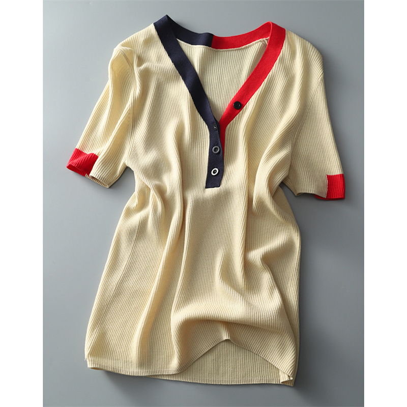 Solid Color And V-neck T-shirt Women's Ice Silk Sweater Sweater Loose Short Sleeve