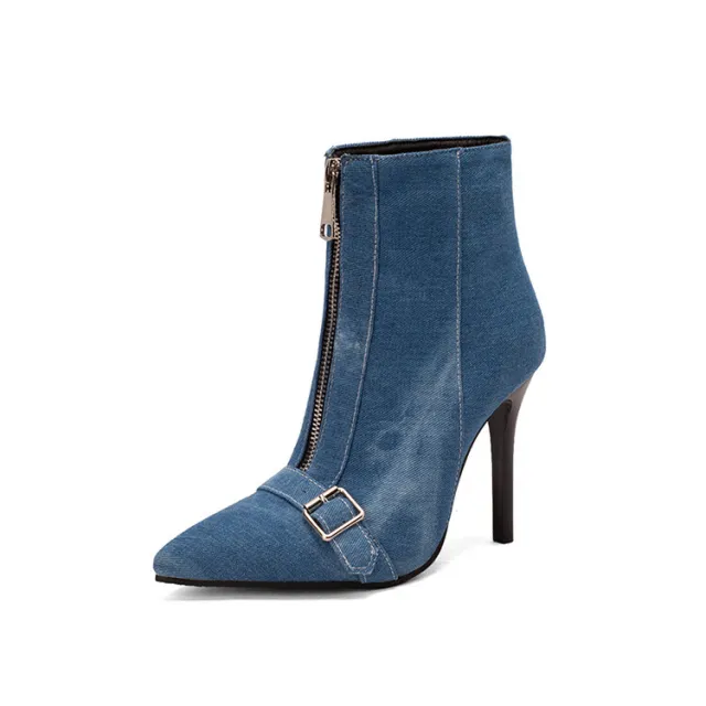 Belt Buckle Front Zipper High Heel Boots Blue - Shop at LoveMi
