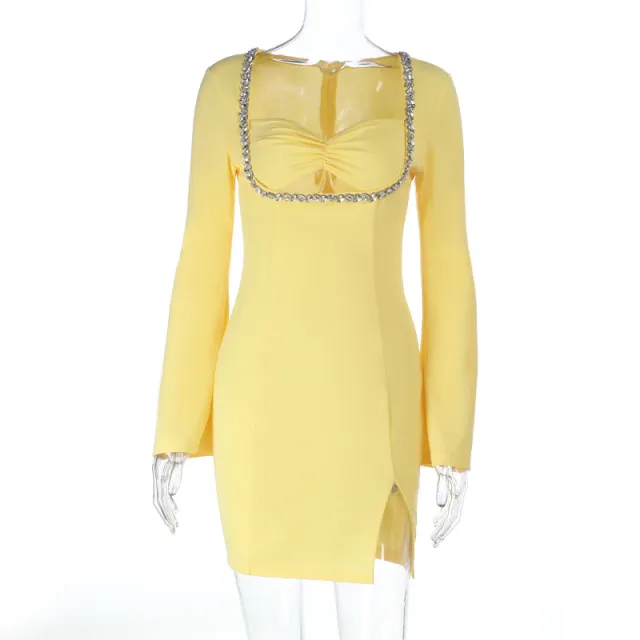 Square Necktie With Diamond Fine Glitter Sexy Slit Long Sleeve Dress Yellow - Shop at LoveMi