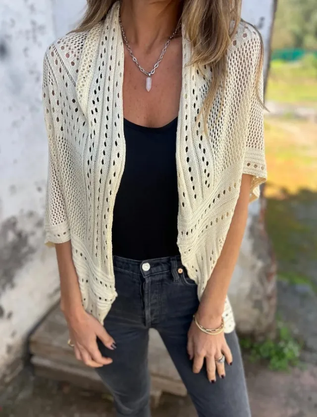 Hollow out Half sleeved Cardigan Knitted Fashion Cardigan Sweater Apricot - Shop at LoveMi