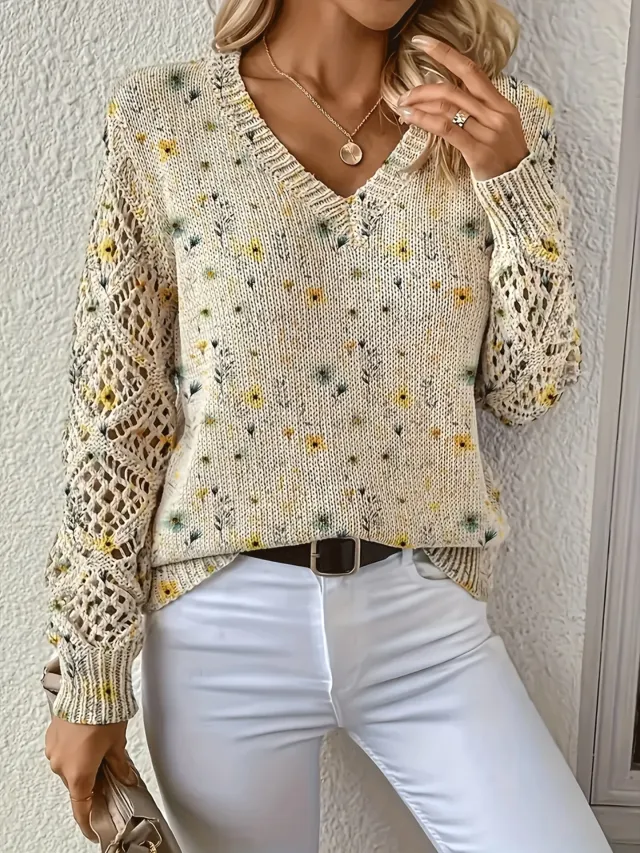 Elegant Bohemian Floral V neck Long Sleeve Fashion Printed Sweater Vt3 - Shop at LoveMi
