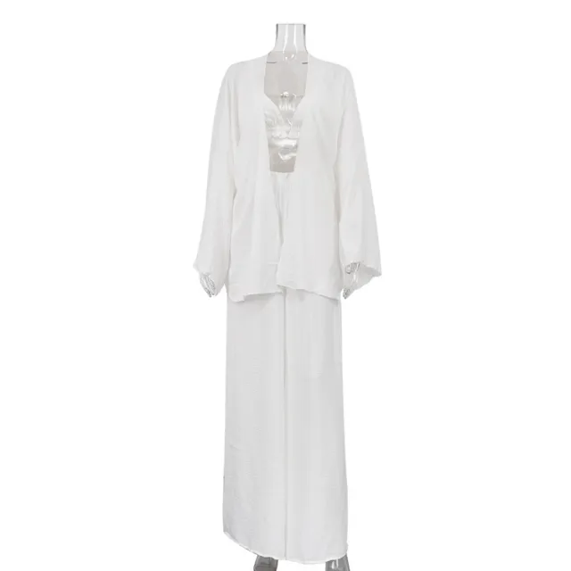 Ruffled Spaghetti Straps Vest Long Sleeve Cardigan Top Loose Wide Leg Pants Three piece Set White - Shop at LoveMi