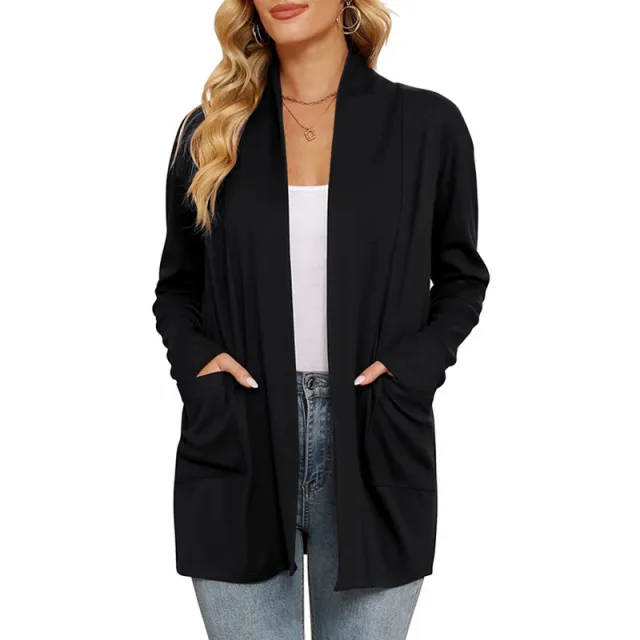 Women's Casual Loose Long Sleeve Pocket Cardigan Black - Shop at LoveMi