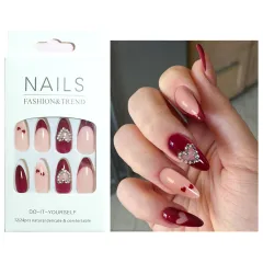 Red Heart Water Drops Almond Transparent Rhinestone European And American Wear Manicure Red French INS - Rhinestone French Style - View 1