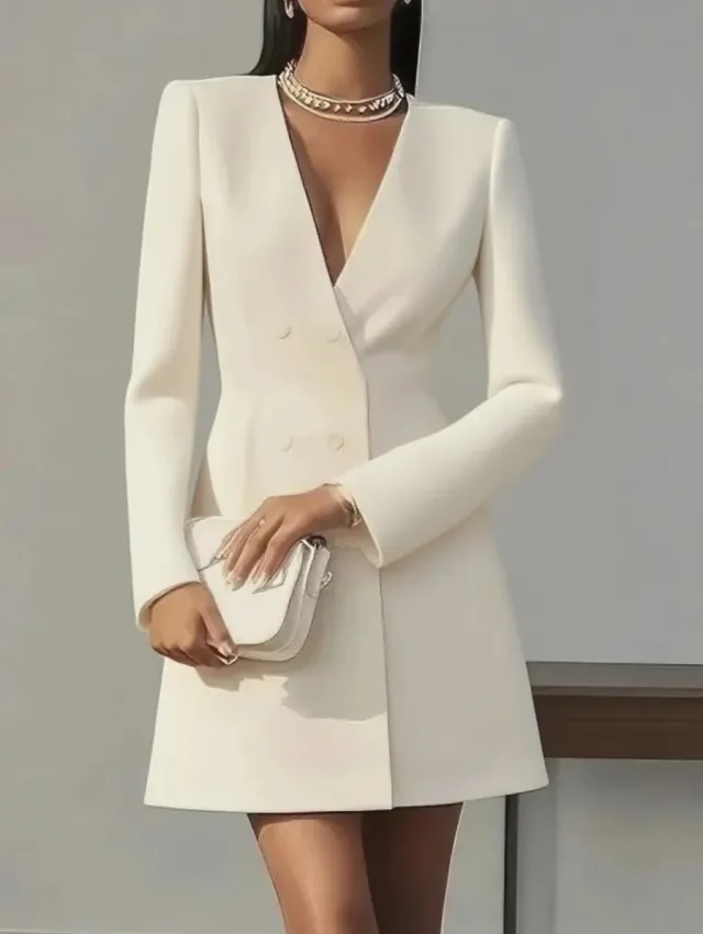 Solid color V neck Suit style French Dress For Women Apricot - Shop at LoveMi
