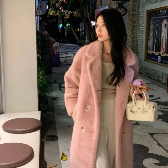 Thickened Long Section Suit Collar Faux Mink Coat Pink - Shop at LoveMi