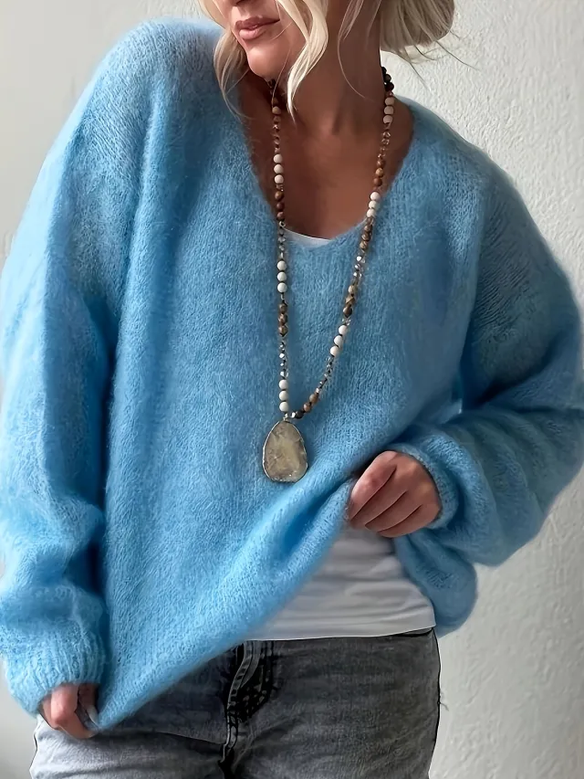 Pullover Solid Color Idle Style Loose Sweater Top Blue - Shop at LoveMi