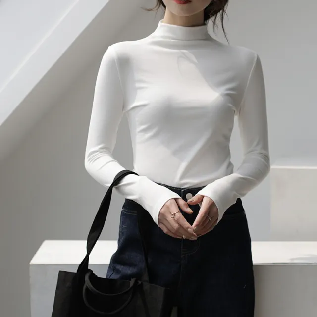 Half Turtleneck Solid Color Inner Wear Slim Fit Long sleeved T shirt Women White - Shop at LoveMi