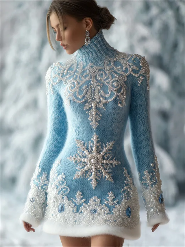 Womens Autumn Winter High Neck Long Sleeve 3D Digital Print Christmas Turtleneck Sweater 37 Style Xs - Shop at LoveMi