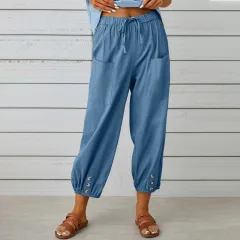 Loose High Waist Button Cotton And Linen Trousers Cropped Pants Wide Leg Women's Pants - Denim Blue - View 1