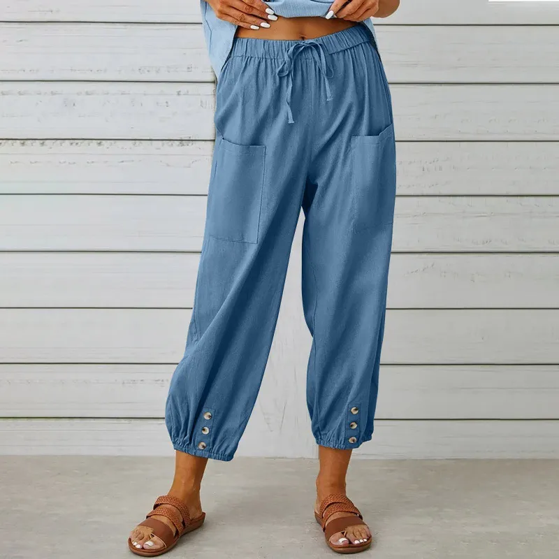 Loose High Waist Button Cotton And Linen Trousers Cropped Pants Wide Leg Women's Pants - Blue