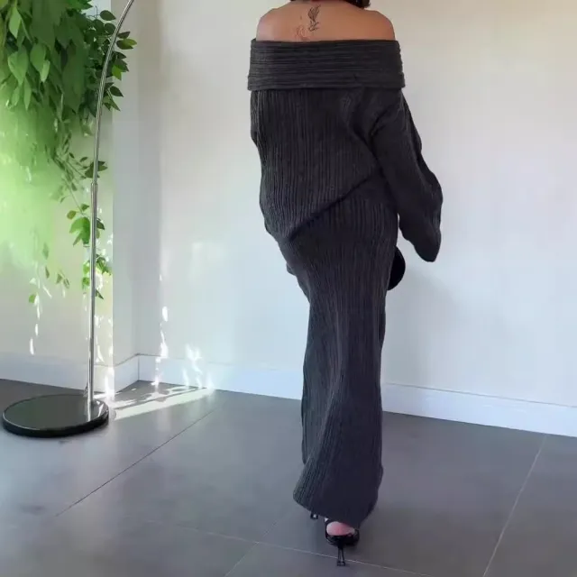 Fashionable Knitted Off shoulder Top Lapel Skirt Two piece Set Black - Shop at LoveMi