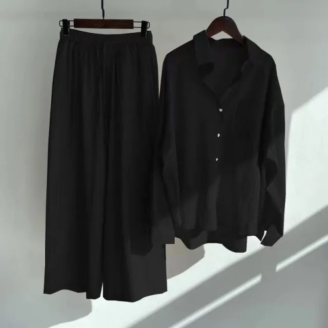 Women's 2 piece Retro Plus Size Shirt Outfit High Waist Loose Trousers Black - Shop at LoveMi